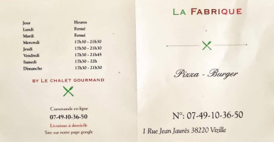 La Fabrique By Le Chalet Gourmand menu