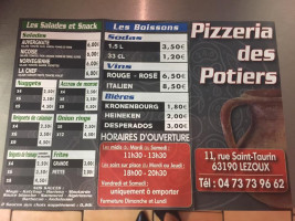 Pizzeria des Potiers menu